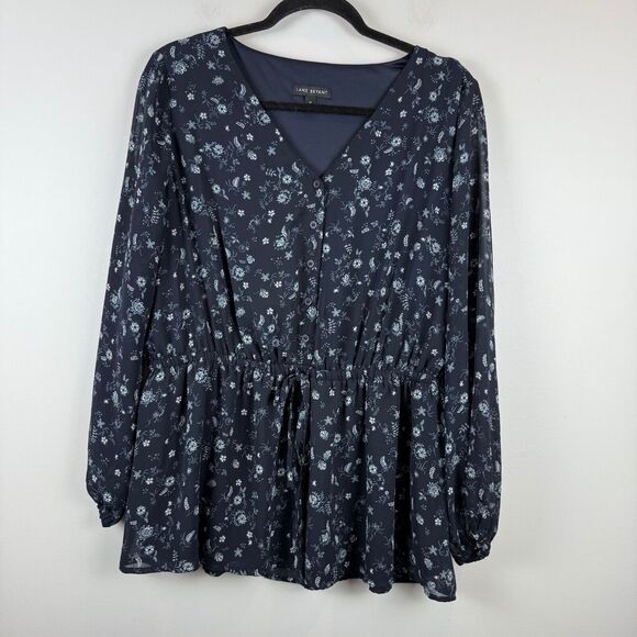 Lane Bryant Top Women's 14 Navy Floral Sheer V-Neck Puff Sleeve Blouse Peasant - Picture 1 of 9